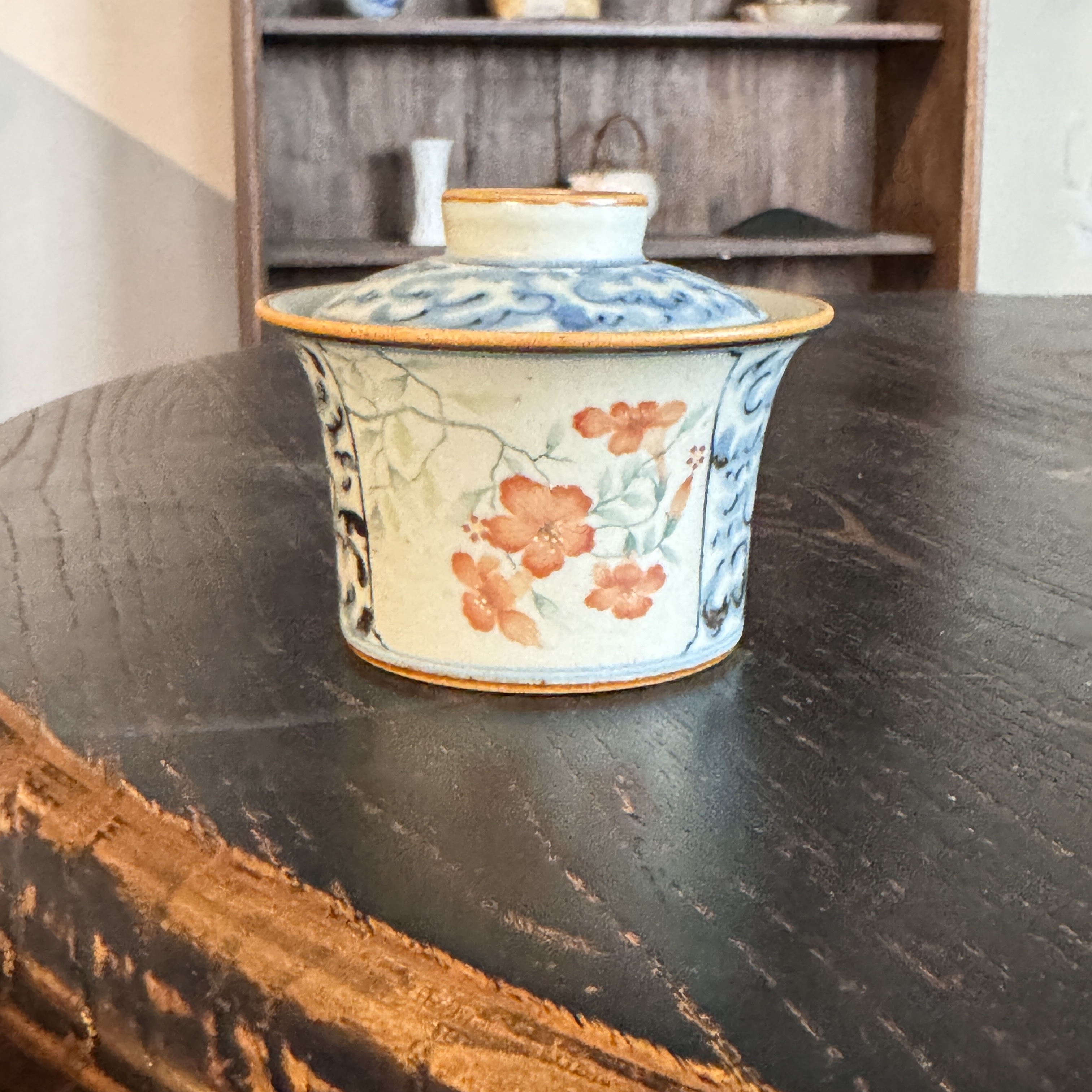 【小田甄陶】朴云堂-单面开窗祥云牵牛花盖碗-150ML（朴碗瑕0181）