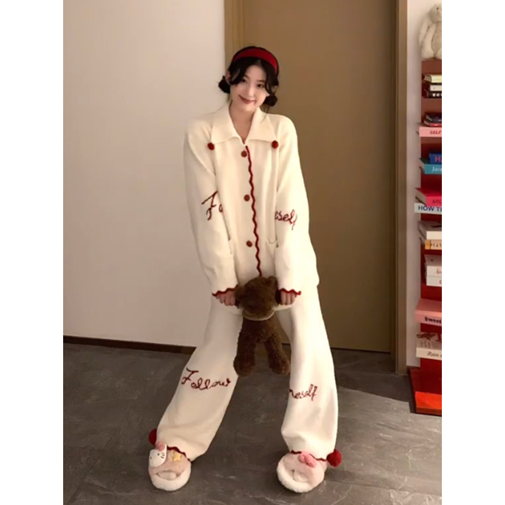 甜美撞色针织半边绒睡衣女冬季2025新款加厚保暖家居服套装可外穿