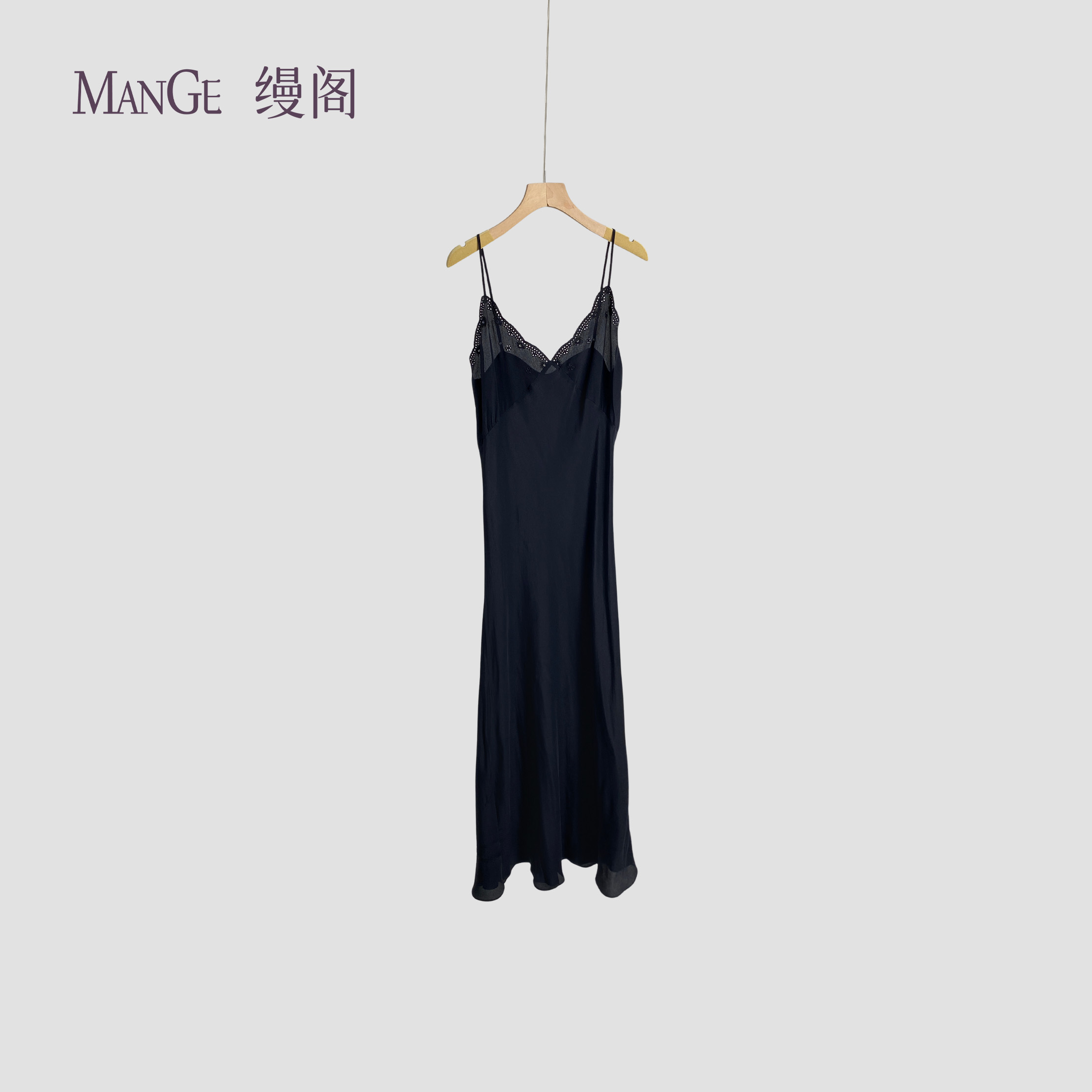 MANGE缦阁 桑蚕丝人丝双绉绣花 性感优雅风 吊带连衣裙长裙