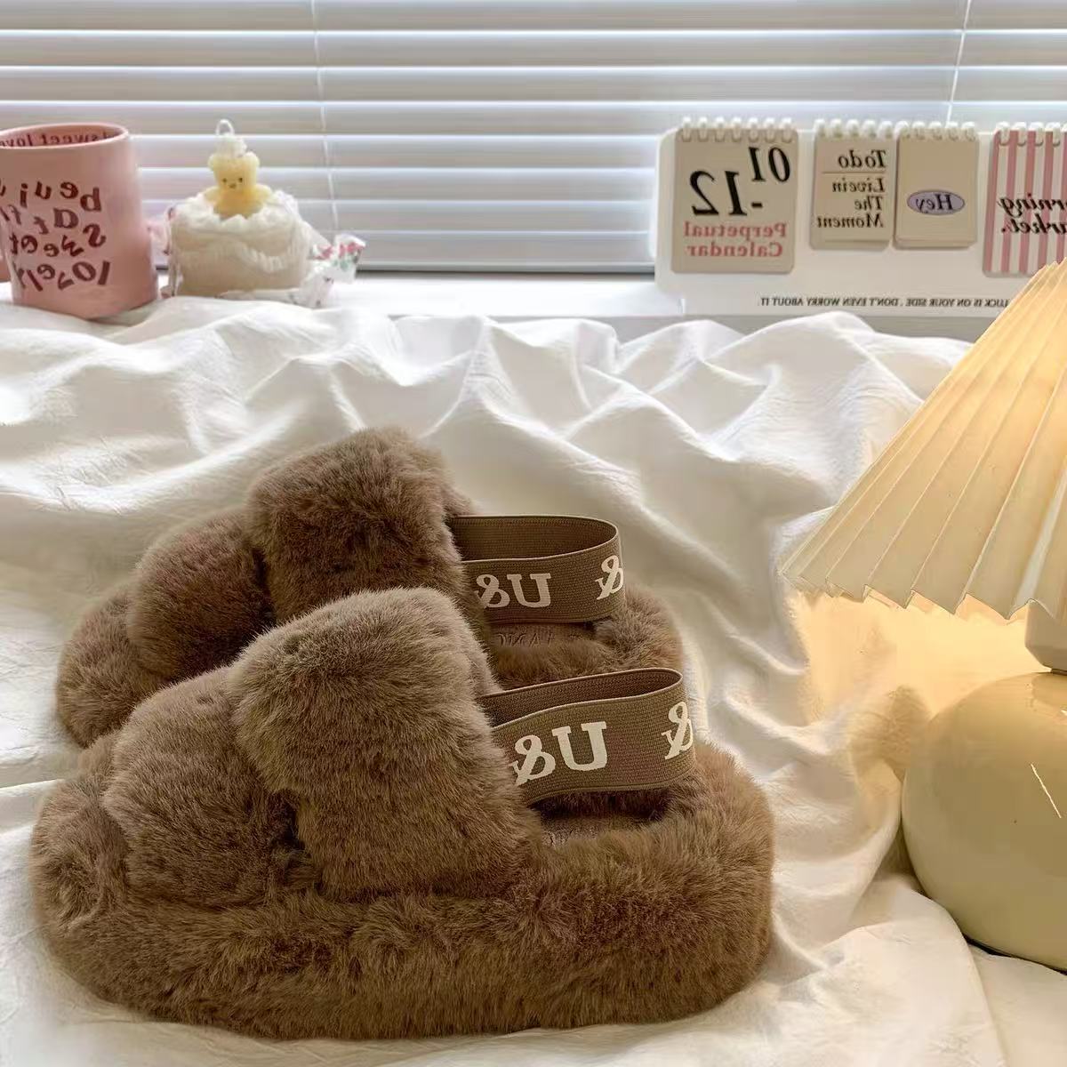 【优搭严选】浅口冬季防滑一字拖修面皮防水台鞋子毛毛鞋百搭厚底