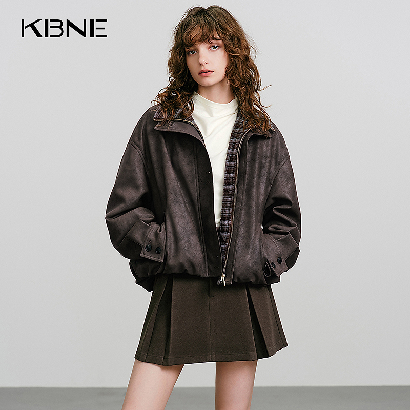 KBNE外套女秋季爆款2025新款高级感复古格纹拼接假两件皮衣外套女