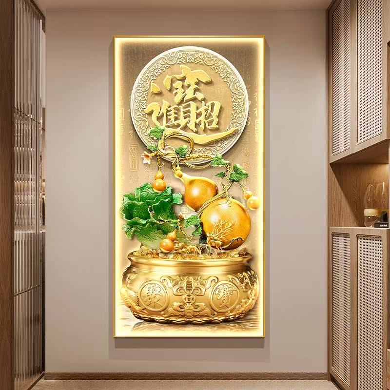 新中式白菜玄关装饰画八方来财走廊过道挂画聚宝盆入户进门壁画