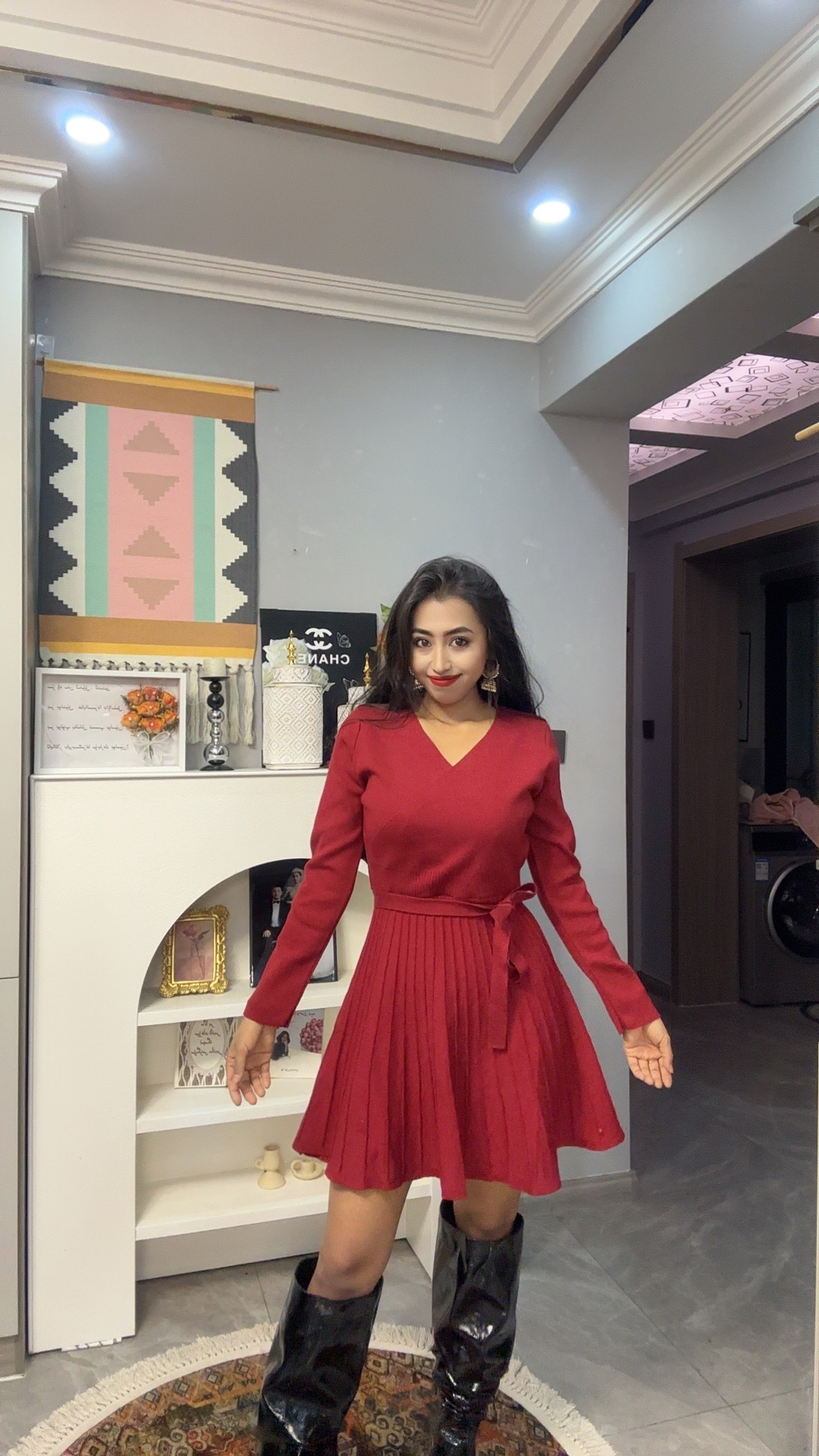 新款修身红色毛衣裙