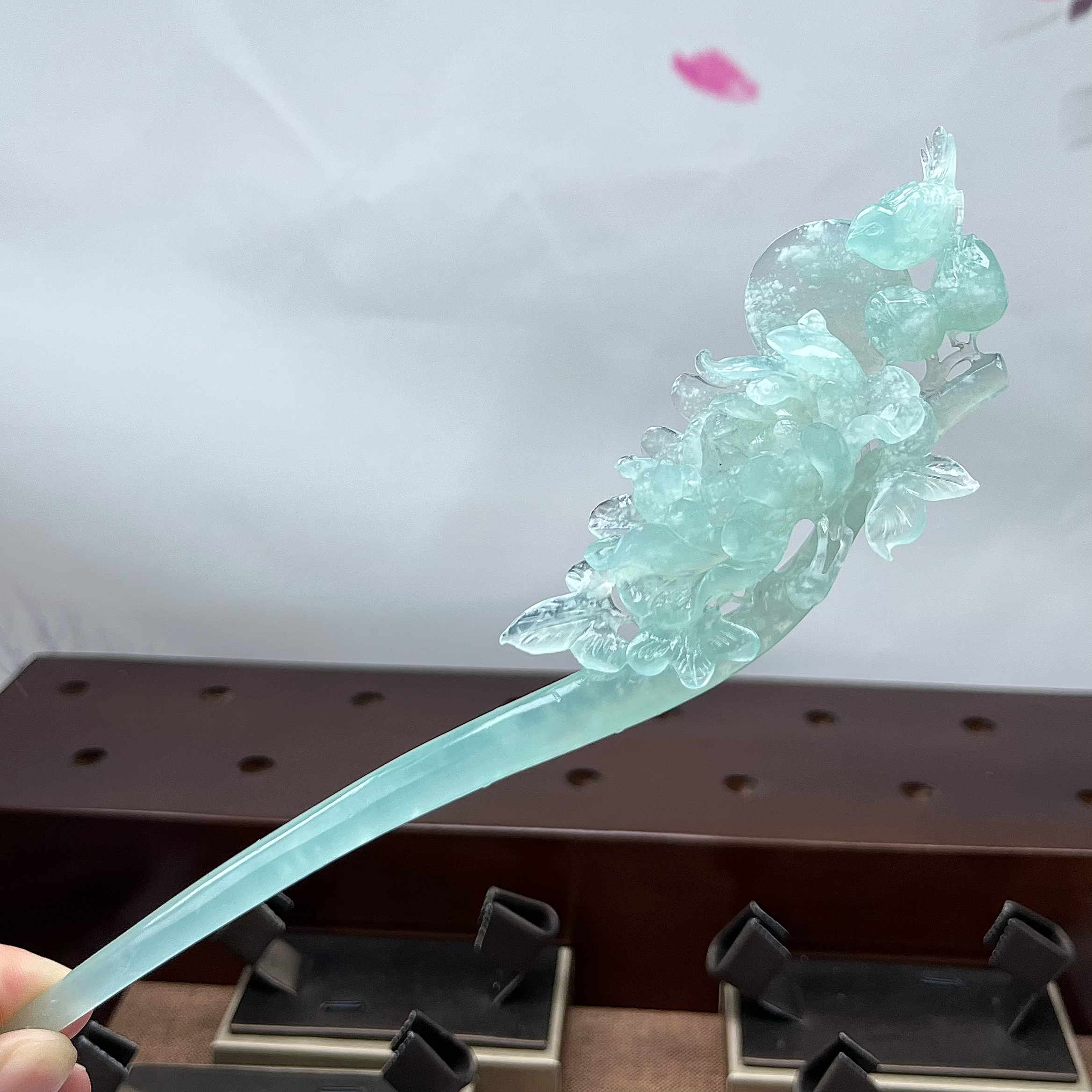 岫玉高品质天青冻牡丹发簪 整体长度21.5cm 簪体入发长度12cm