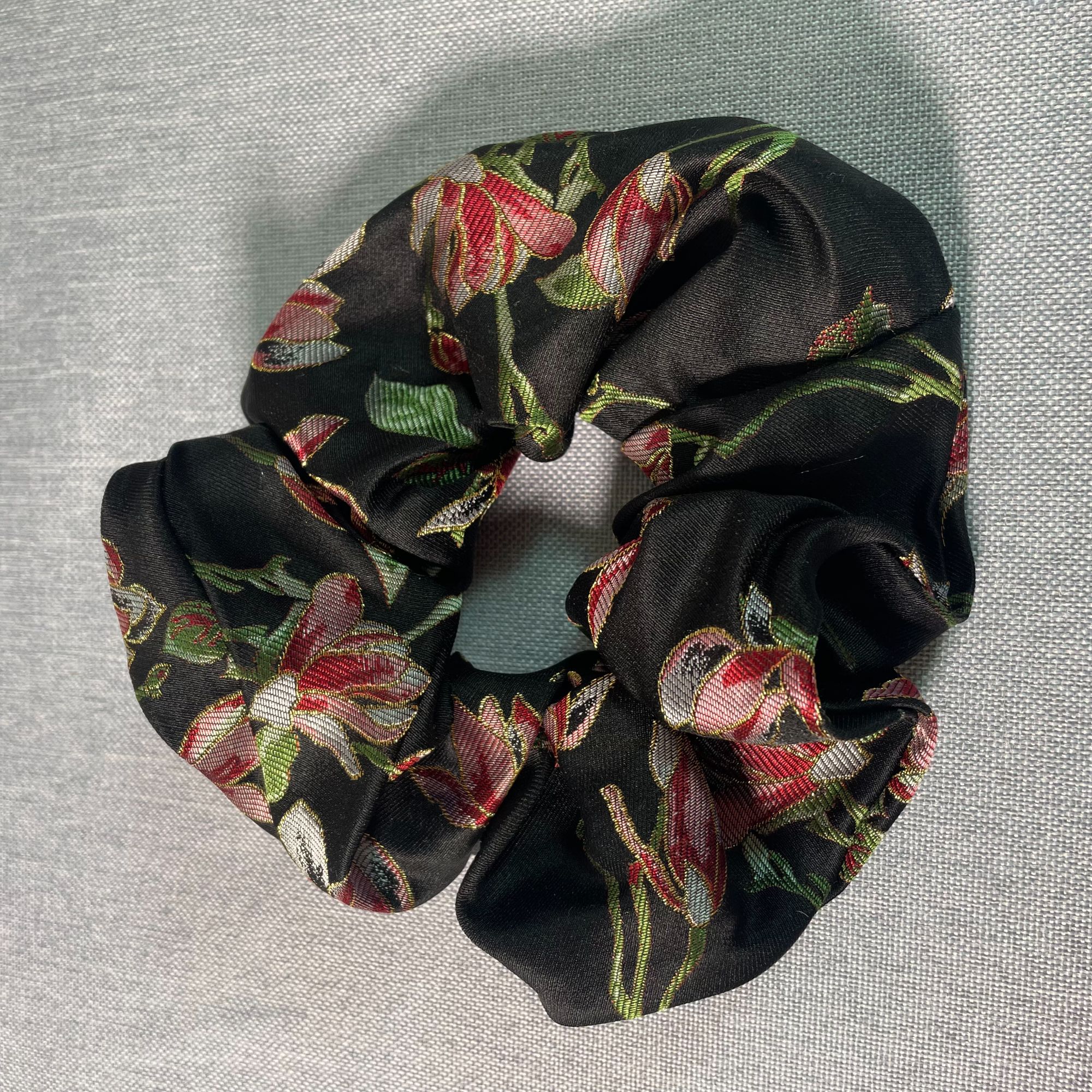 黑色粉花100桑蚕丝宋锦发圈时尚复古（手工制作默认微瑕）