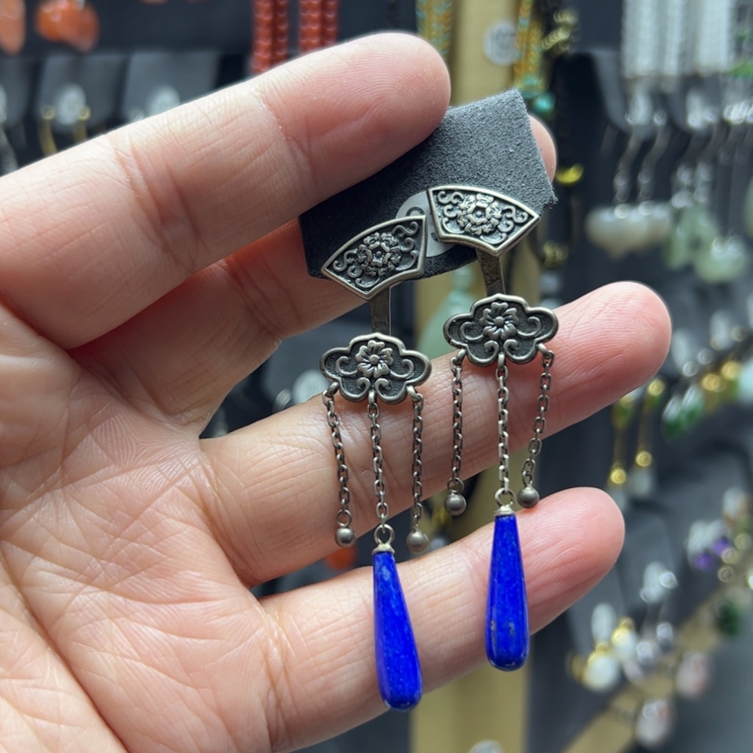 郁****青金石银S925镶嵌耳饰