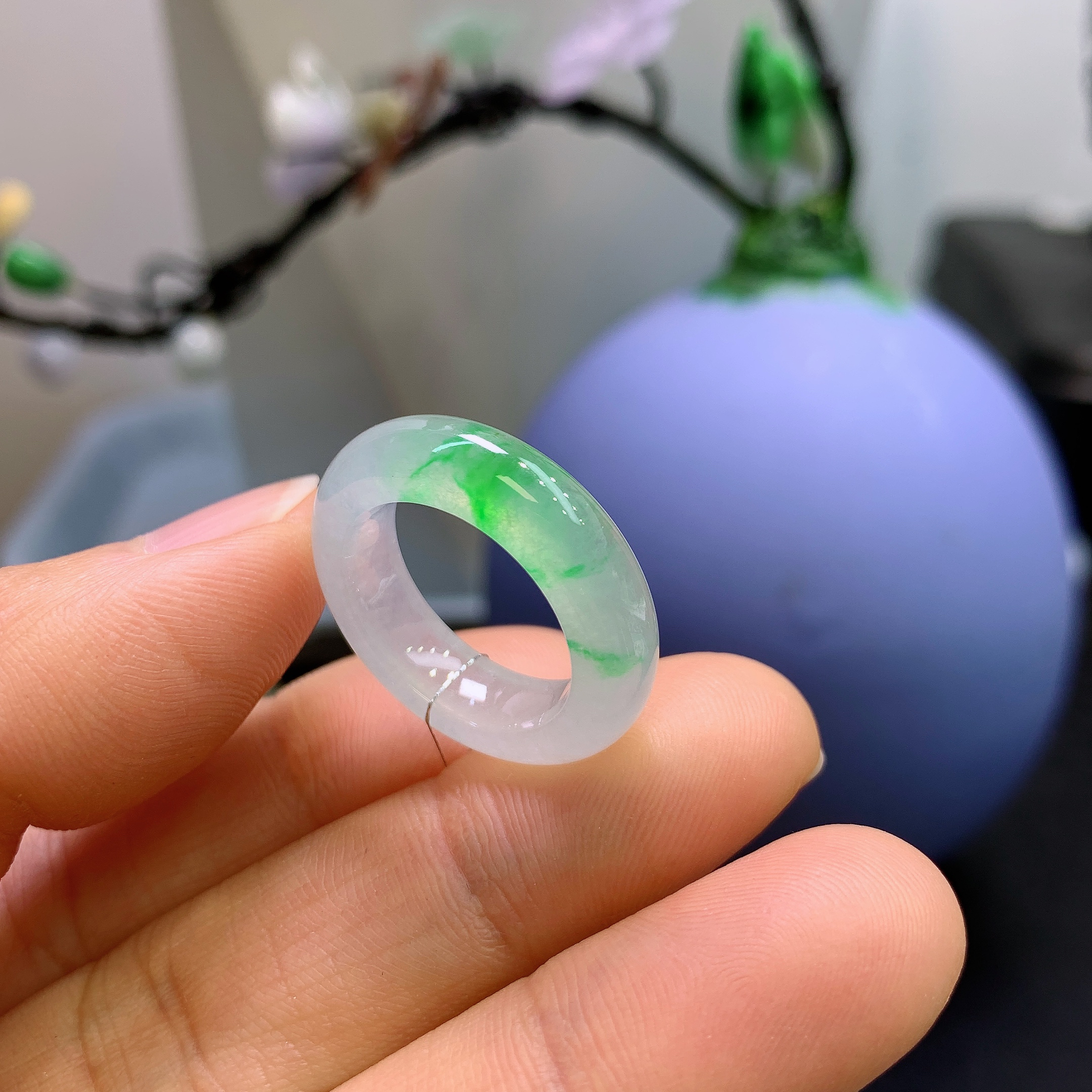 11圈口缅甸天然翡翠A货冰飘金丝阳绿戒指326#