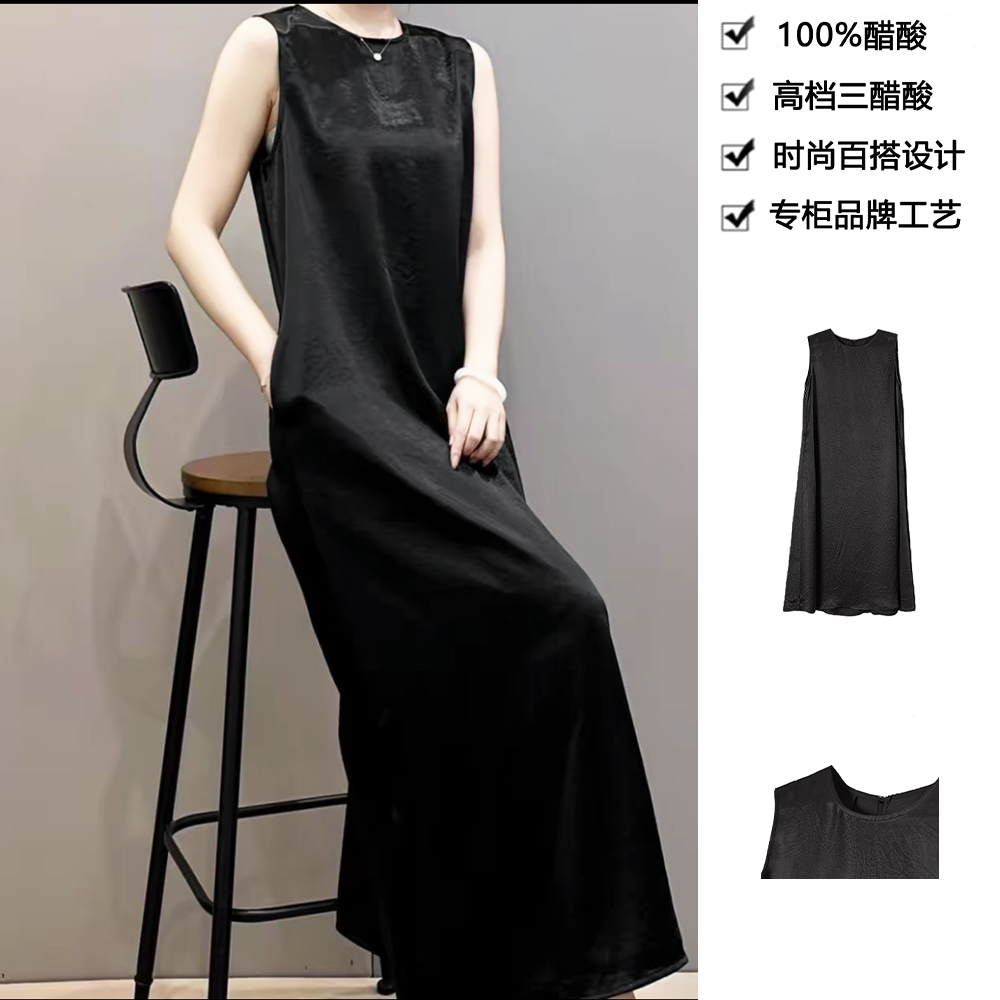 100醋酸皱高档三醋酸肌理感纹理无袖侧开叉圆领口袋连衣裙LYQB32
