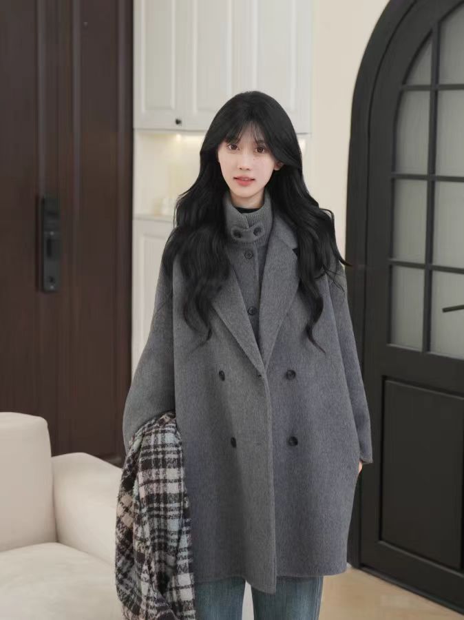 【暖冬密码】2025秋冬新罗纹领马甲两件套中长简约双面羊毛大衣