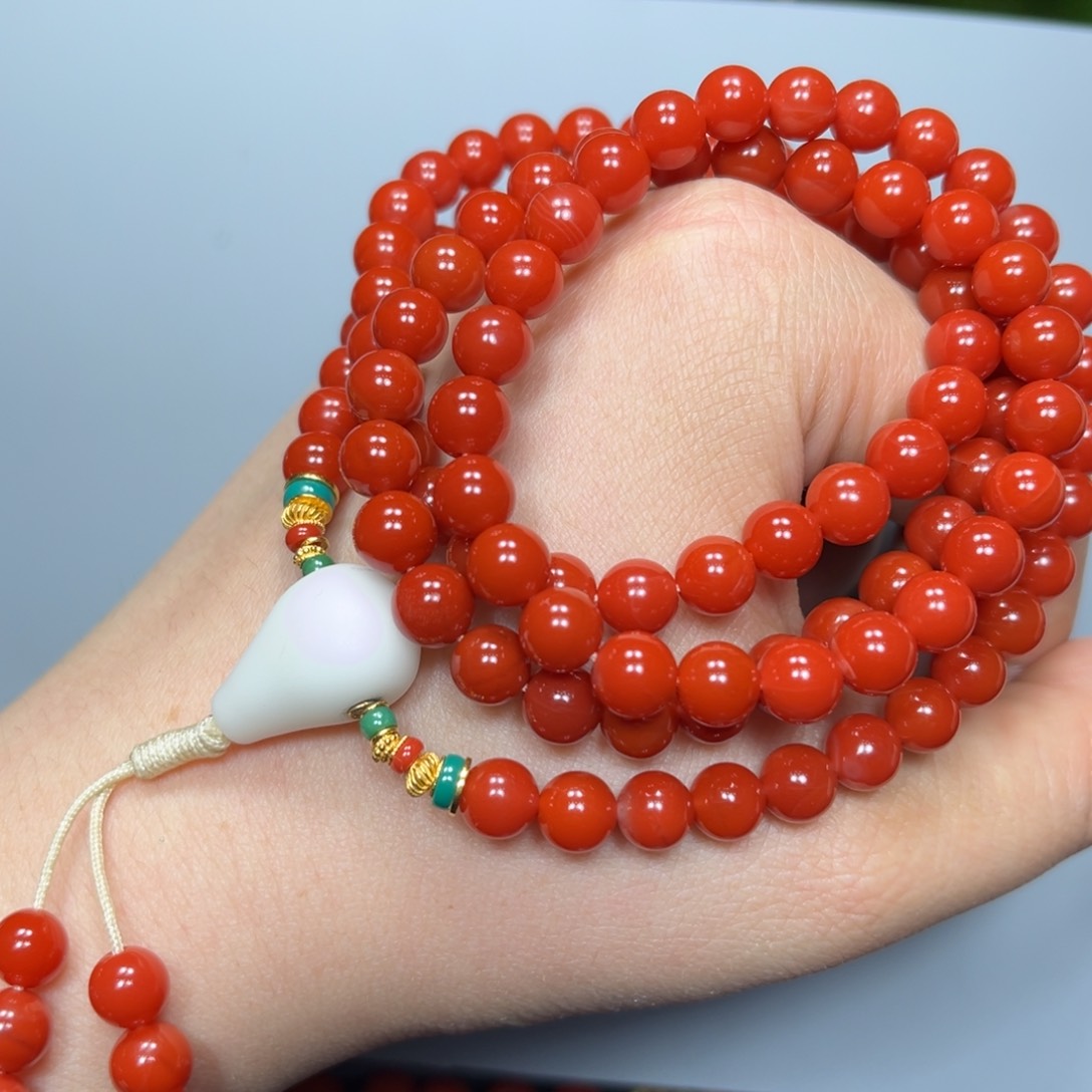 南红玛瑙辣椒红108官坡6mm18K金镶嵌