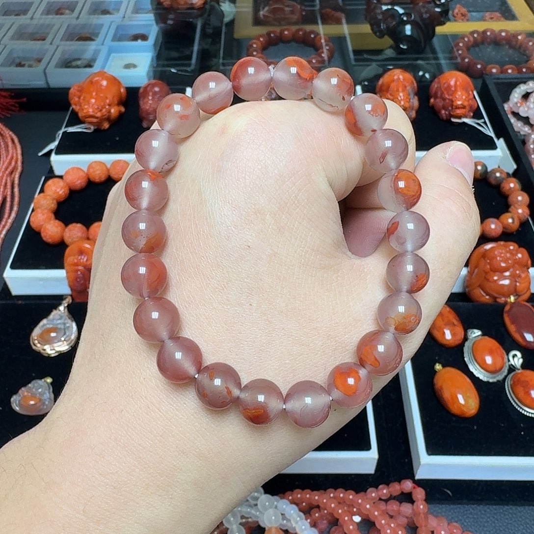 南红玛瑙未镶嵌川料瓦西飘花圆珠手链9.5mm28g