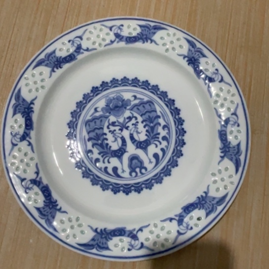 瓷片陶瓷青花玲珑10英寸微瑕