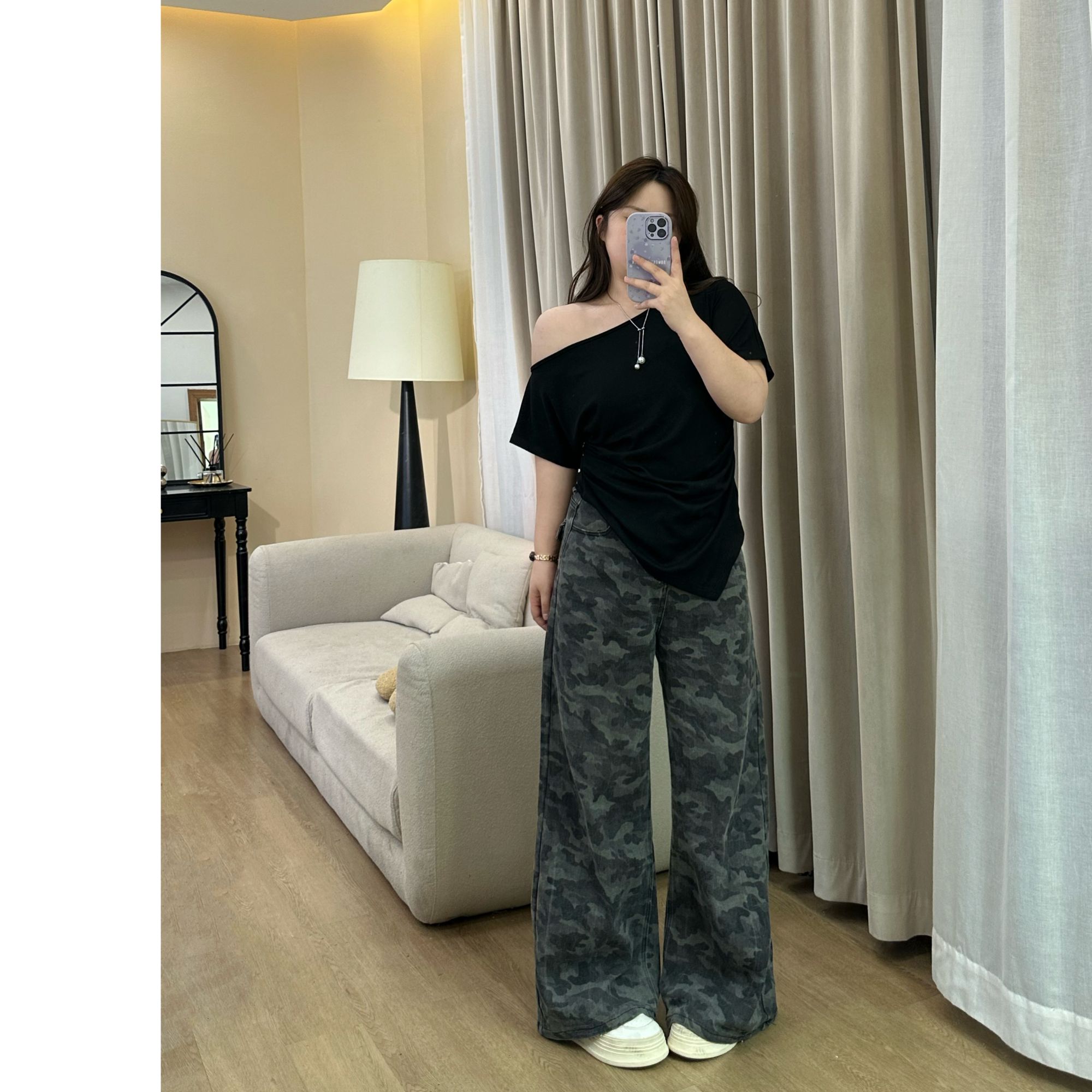 6707-1#秋季大码迷彩高腰阔腿牛仔裤女宽松新款高端直筒裤子女