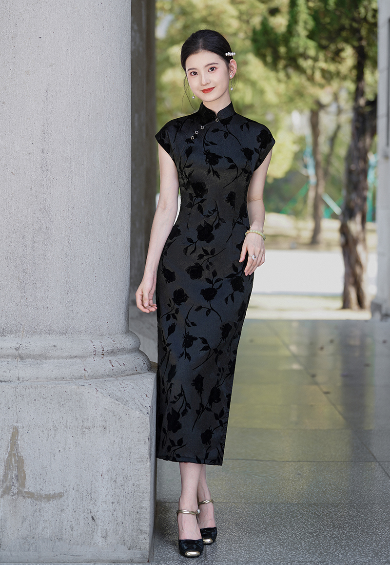 黑色中长款提花蕾丝日常新中式无袖花纹旗袍中国风908