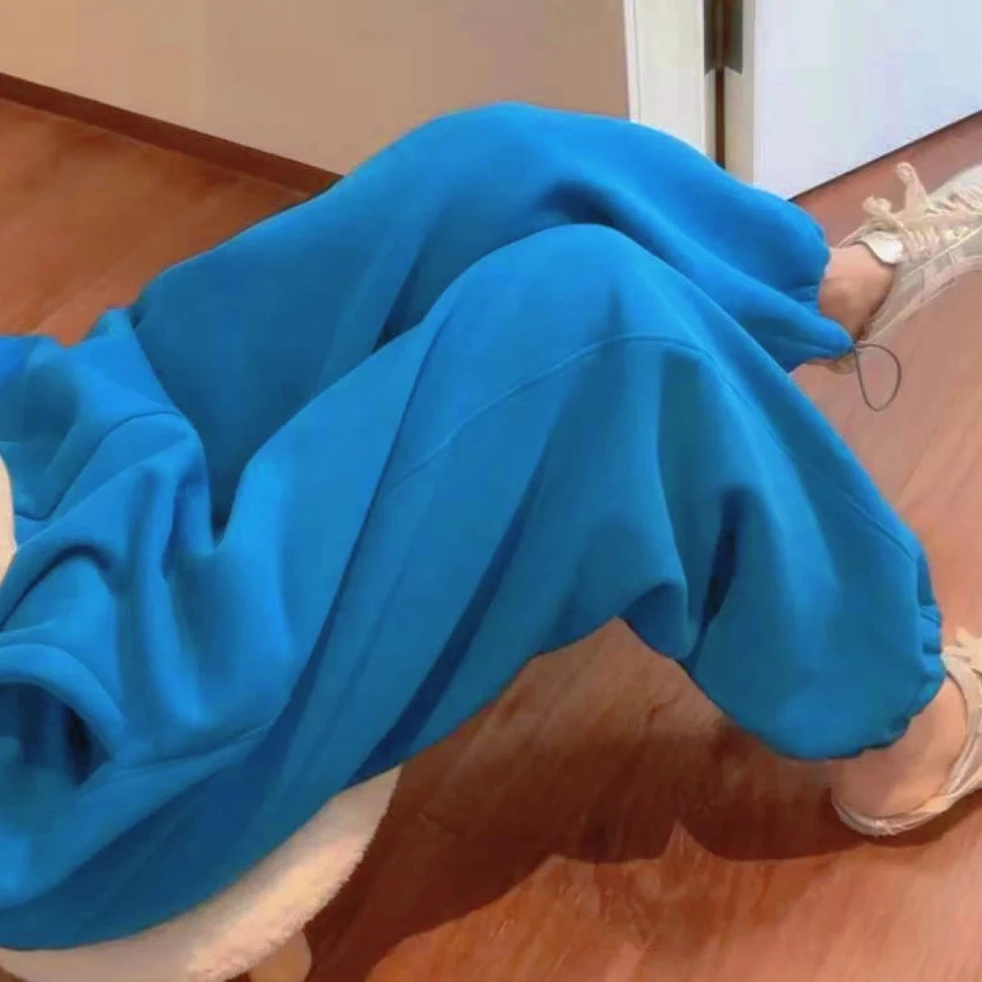 韩国东大门25年冬加绒新款显白孔雀蓝多巴胺束脚休闲加绒卫裤女