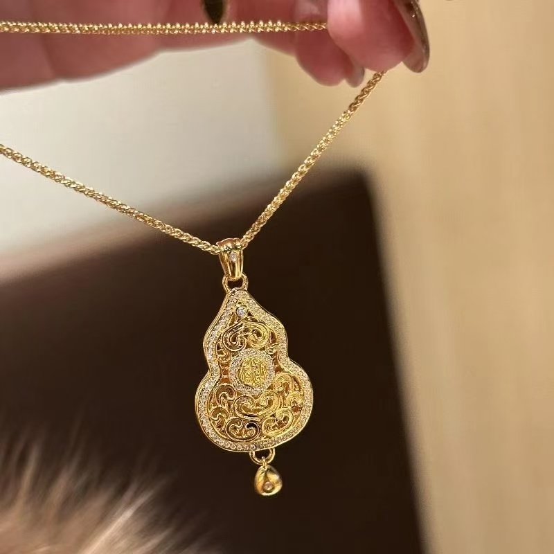 铜合金项链 新中式国潮风高级复古如意祥云镂空葫芦项链古法挂坠