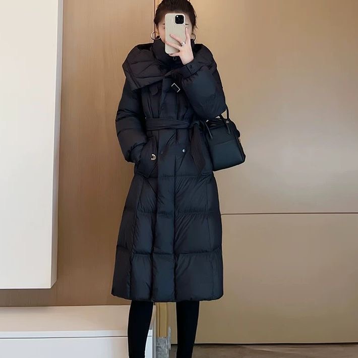 新款腰带款连帽中长款衣鸭鸭羽绒服中长款时尚百搭加厚保暖棉外套