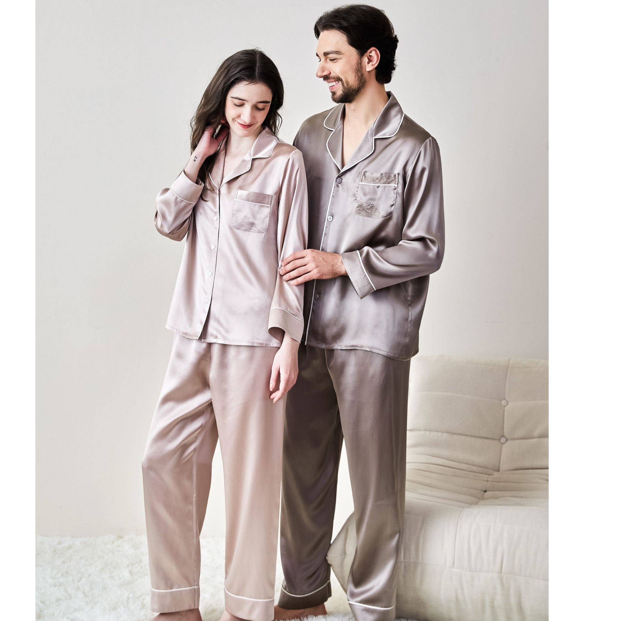 19姆米情侣款长袖秋冬100%桑蚕丝男居家睡衣套装大码宽松家居服