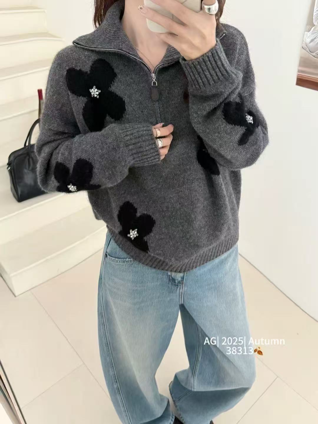 【镶钻花朵】100绵羊毛高领半拉链宽松套头毛衣女百搭羊毛针织衫