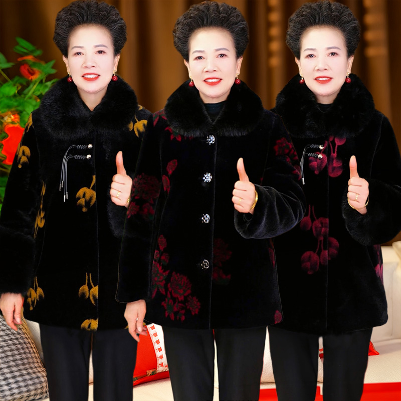 中老年保暖外套加绒加厚妈妈装秋冬大码上衣中长款大衣奶奶冬装