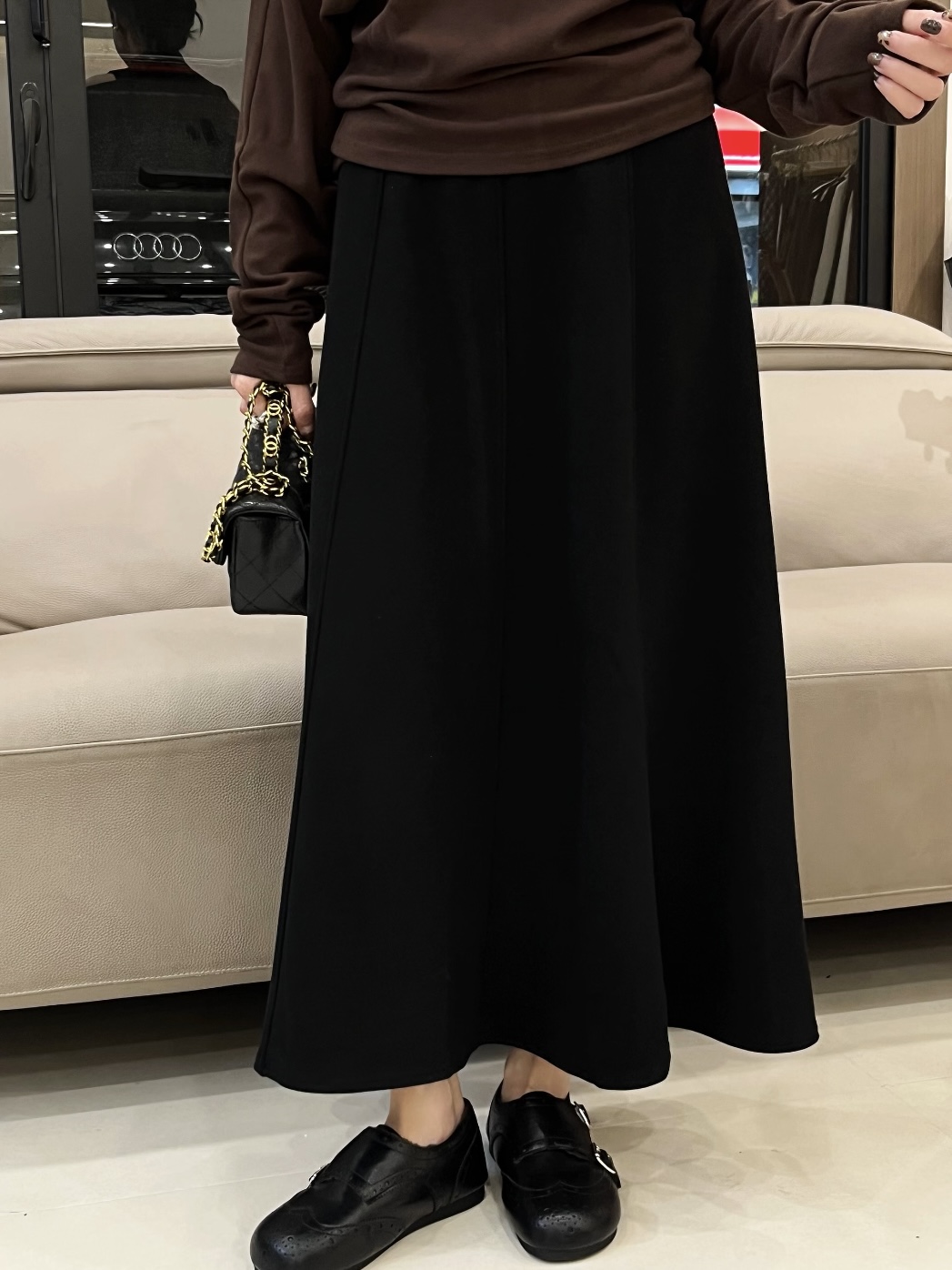 【Si&华严选】加绒毛呢半身裙梨形遮肉大摆伞裙百褶下摆裙9921-1