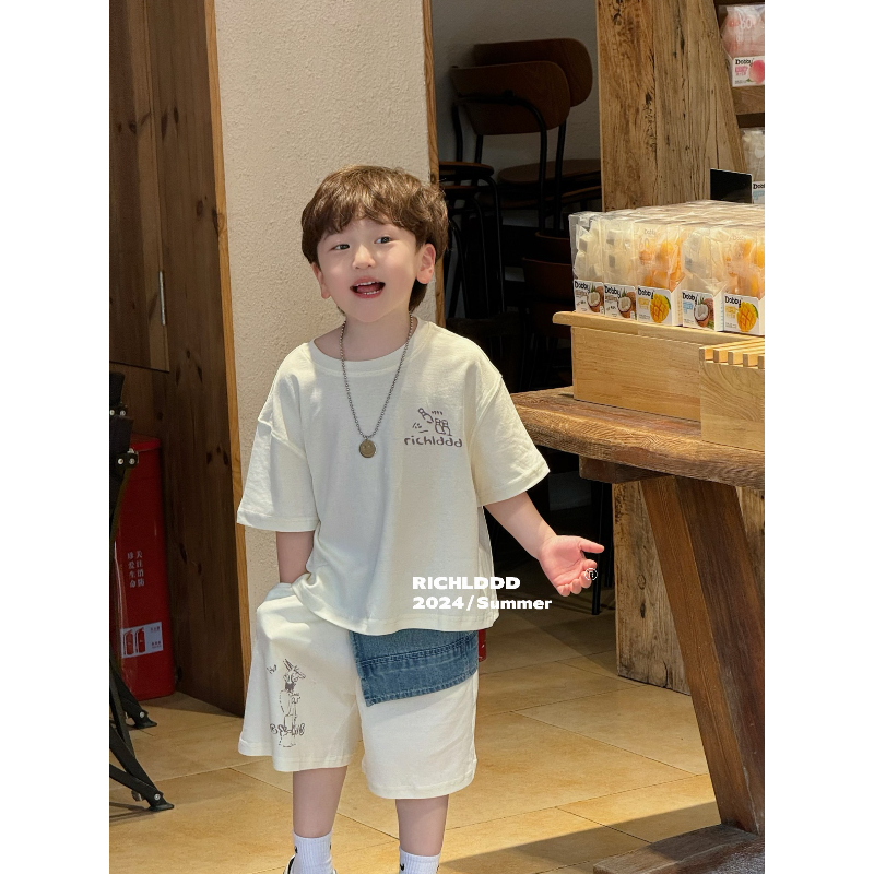 特价No退换【松弛涂鸦】2024夏新款米色套装超舒服休闲舒适男女童韩