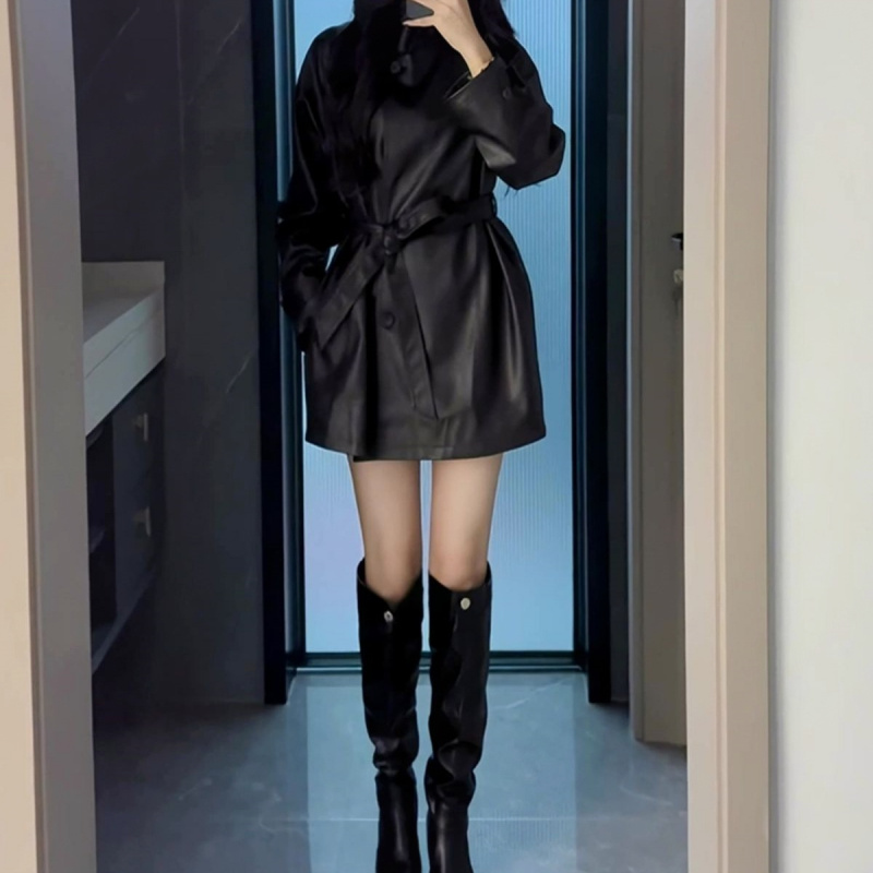 高品质黑色PU皮衣外套女2025秋冬高级感系带宽松外套廓形中长款大