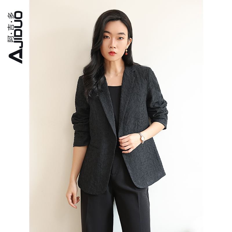 阿吉多黑色西装外套女2025年春季新款气质时尚高级感翻领提花西服