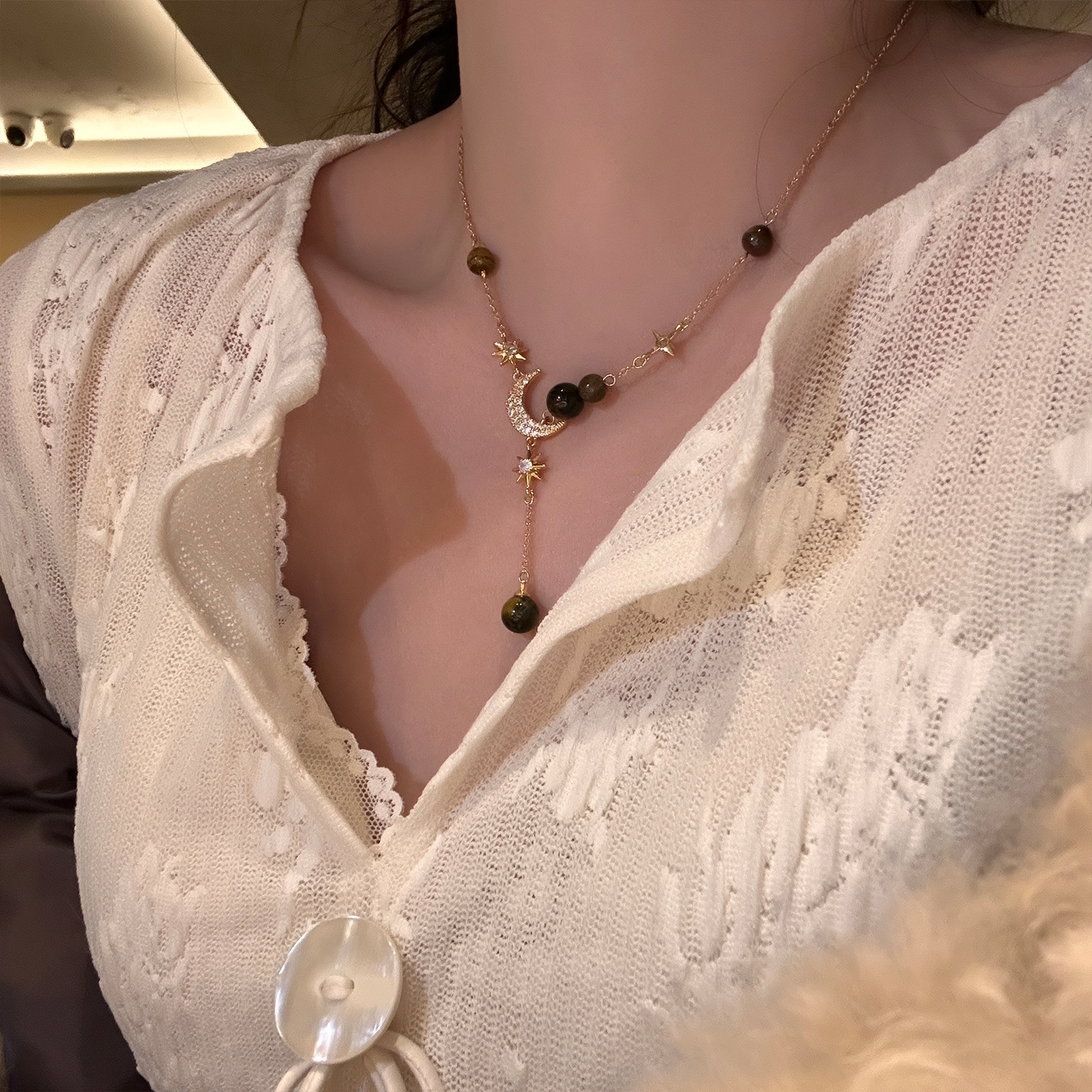 oushipei/欧诗佩 铜合金合成锆石项链 精致闪钻星月项链毛衣链女