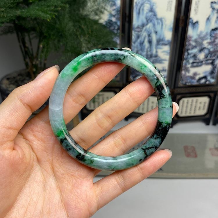 58.5藓加绿复古圆条手镯 天然翡翠A货手镯