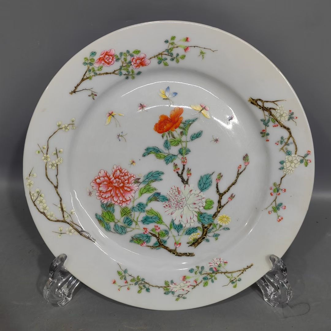 粉彩花卉蝴蝶纹折沿盘花盘圆盘瓷盘直径22.5厘米陶瓷