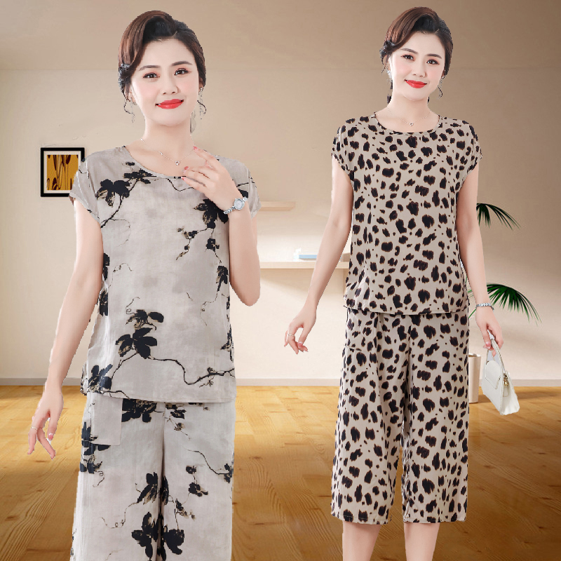 棉绸夏季中老年薄款松紧腰老年短袖七分裤睡衣时尚家居服风格大码