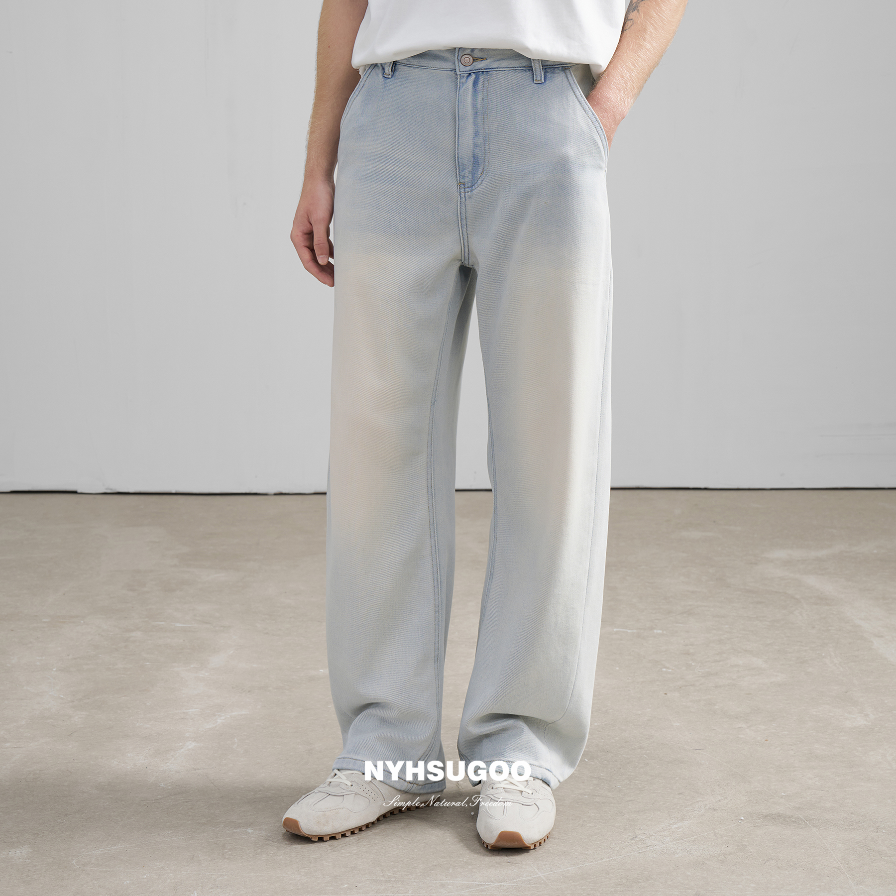 NYHSUGOO/南乙夏季醋酸微弯刀做旧洗水牛仔裤3599抗皱性男士长裤