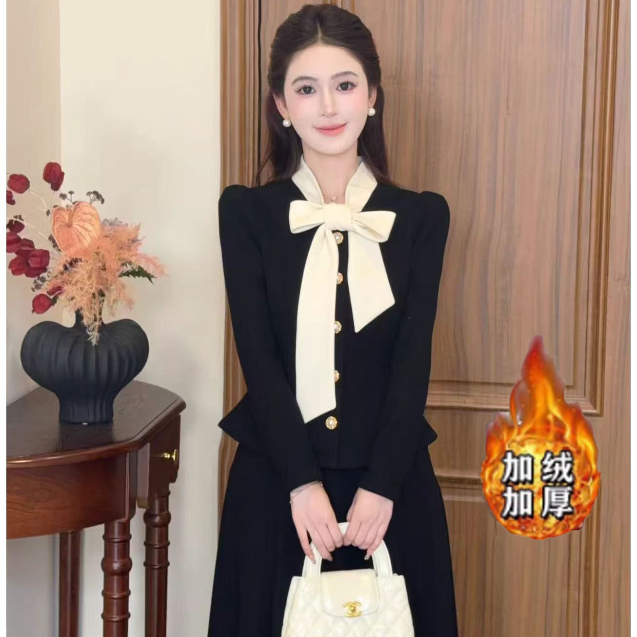 （80-200斤）温柔千金风气质套装2025冬季新款加厚加绒黑色套装2016