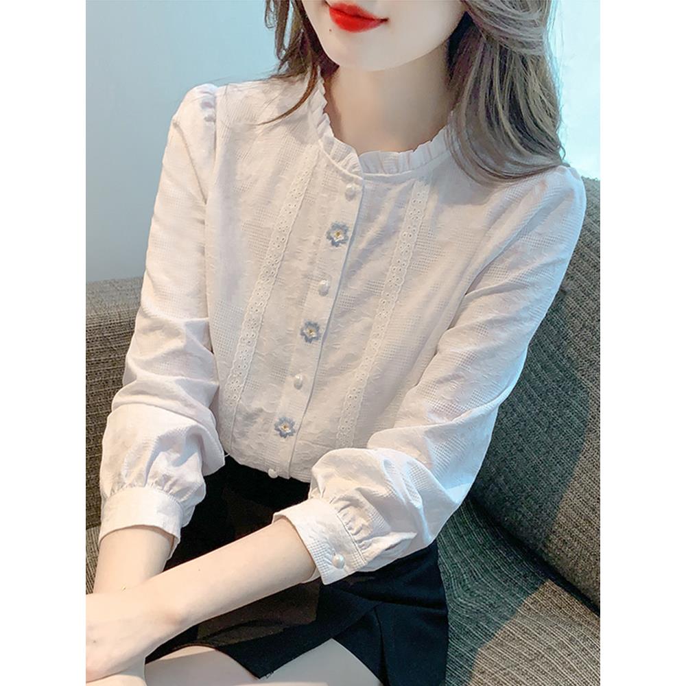 【全额运费补贴】法式立领长袖衬衫女2025春秋新款纯棉木耳边衬衣