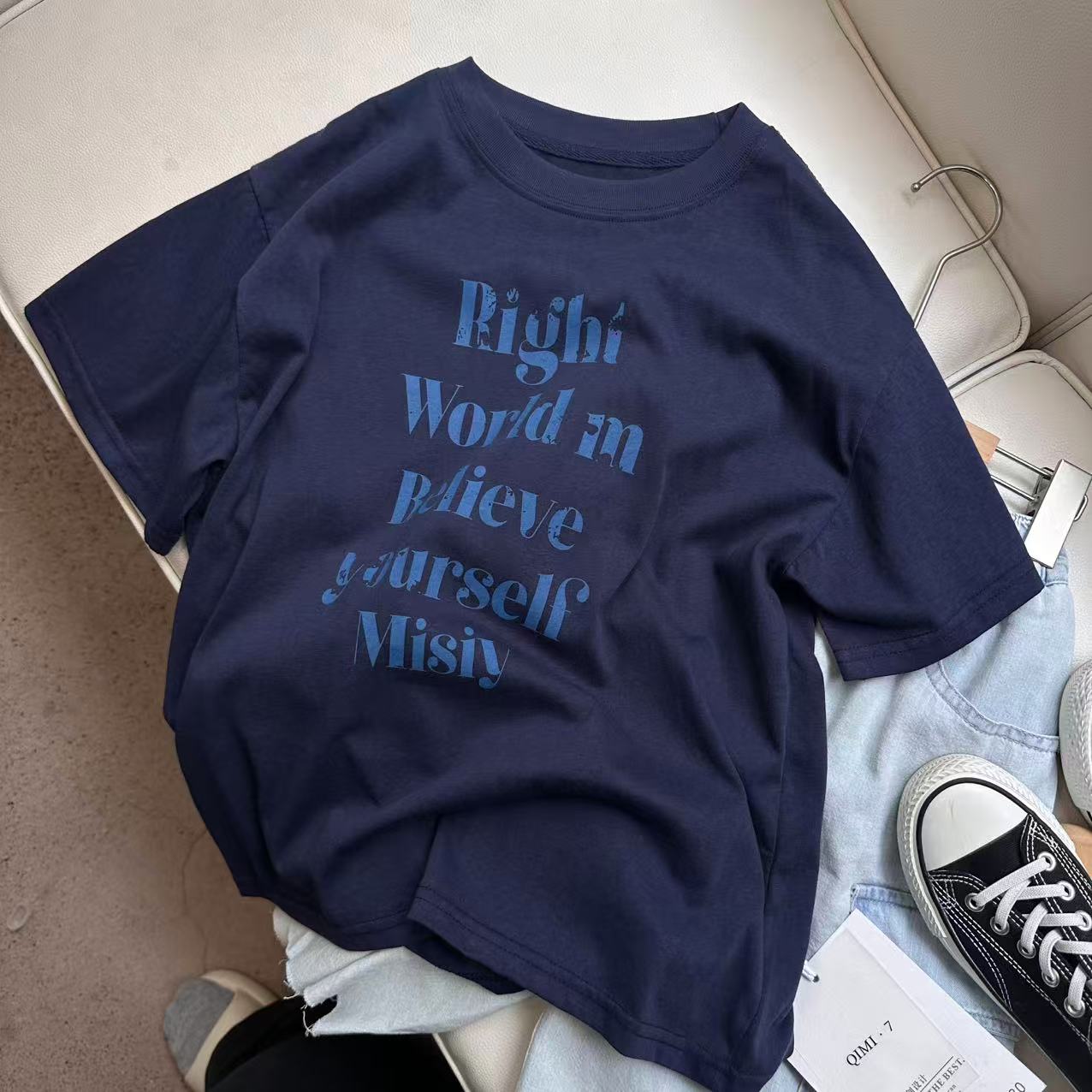 字母短袖~夏款韩版简约休闲简单短袖夏季宽松百搭圆领潮流短袖