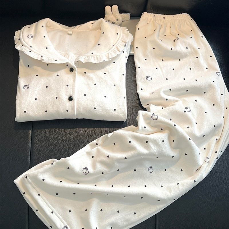 《波点凯蒂猫》秋冬季加厚德绒甜美少女保暖长袖家居服睡衣套装