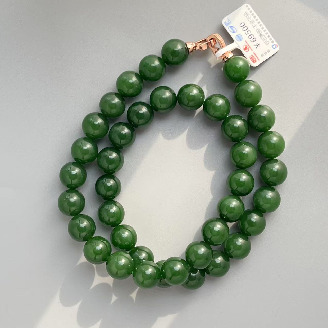 【壹仟熹珠宝】天然和田碧玉卡12MM 40珠妈妈链（七号矿）