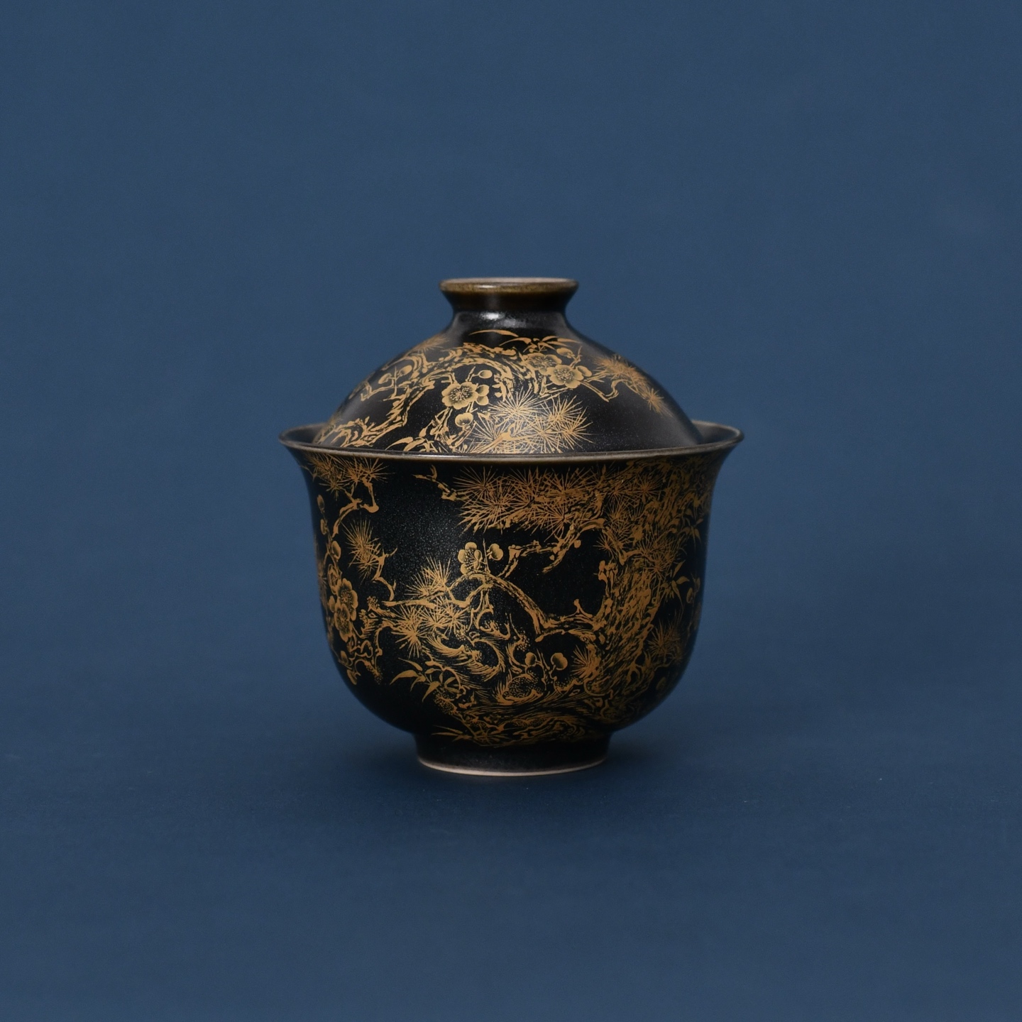 景德镇九段烧妙手燔功银星釉松竹梅盖碗高端陶瓷节日商务送礼手绘