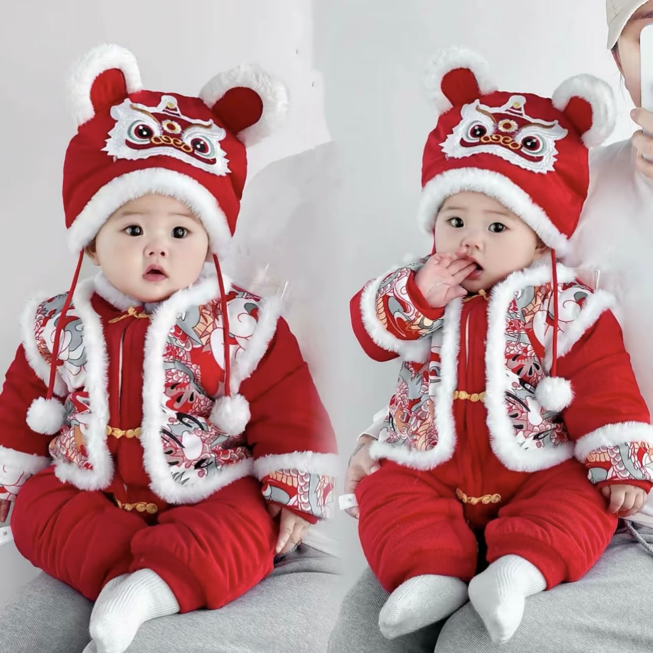 青龙送福男女宝宝拜年服加绒加棉周岁满月百天爬爬服连体衣