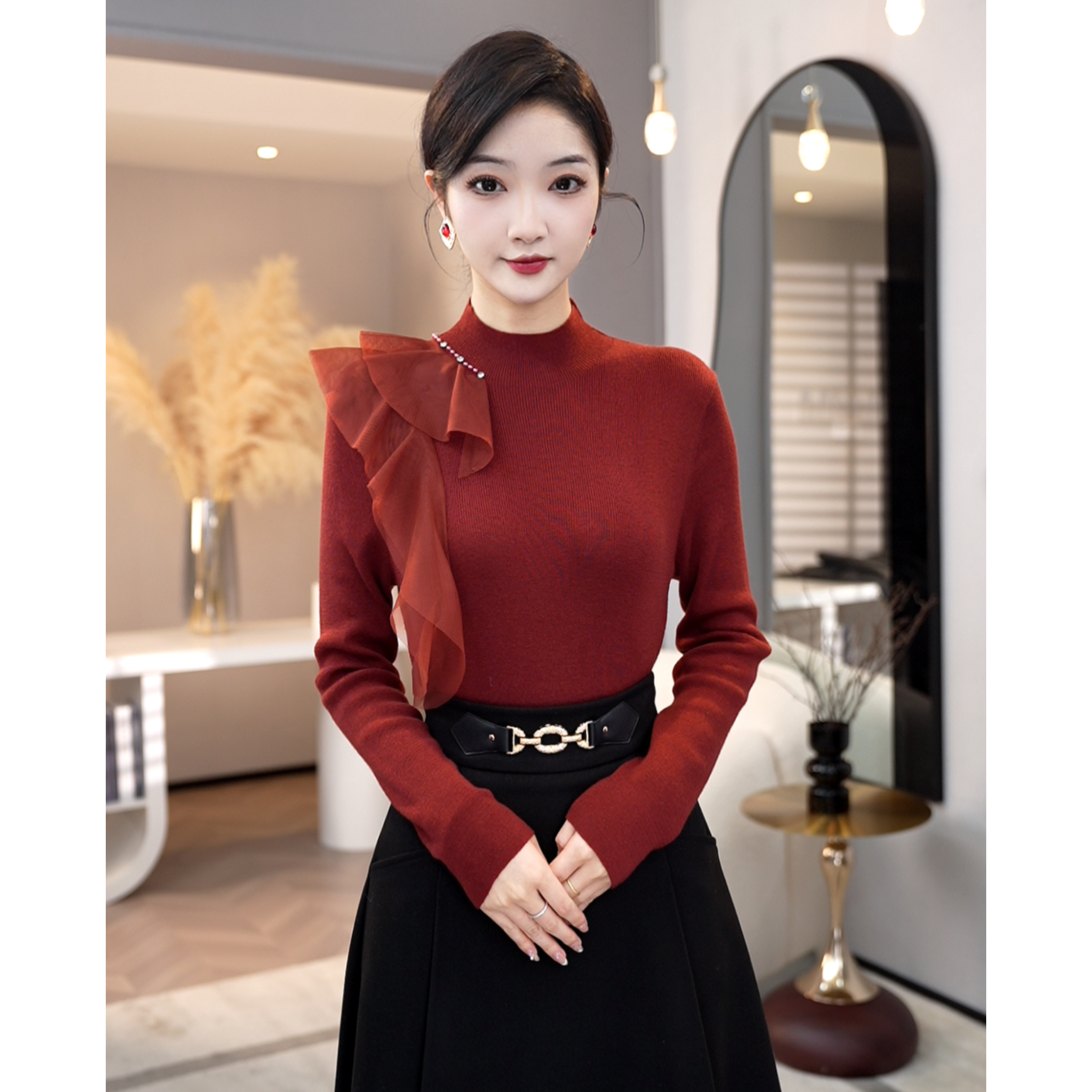 唐熹2025新款【8386】含绵羊毛针织衫红色不规则设计优雅百搭毛衣