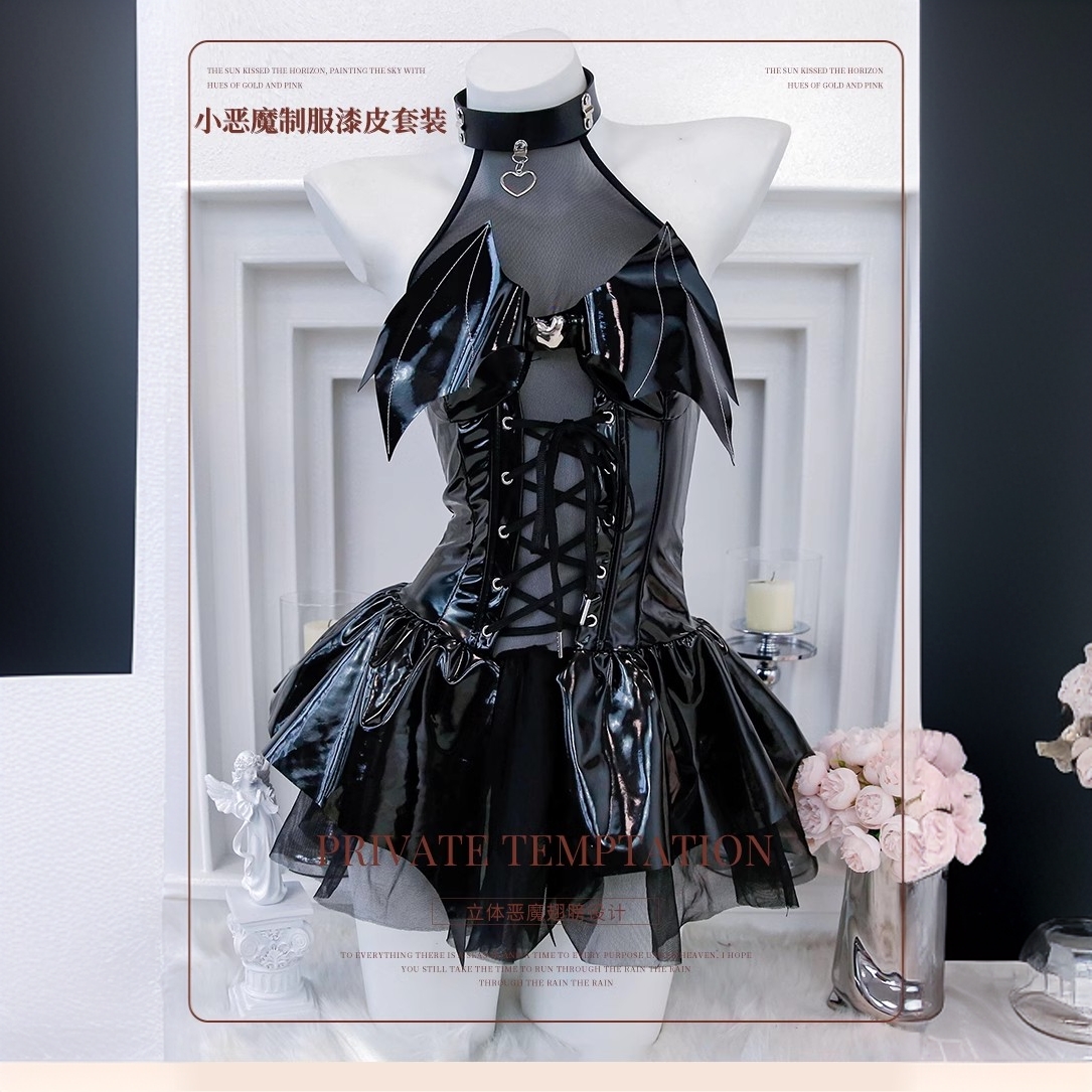 MIELURE短款拼接薄款睡裙二次元卡通女黑色制服短裙蕾丝性感少女