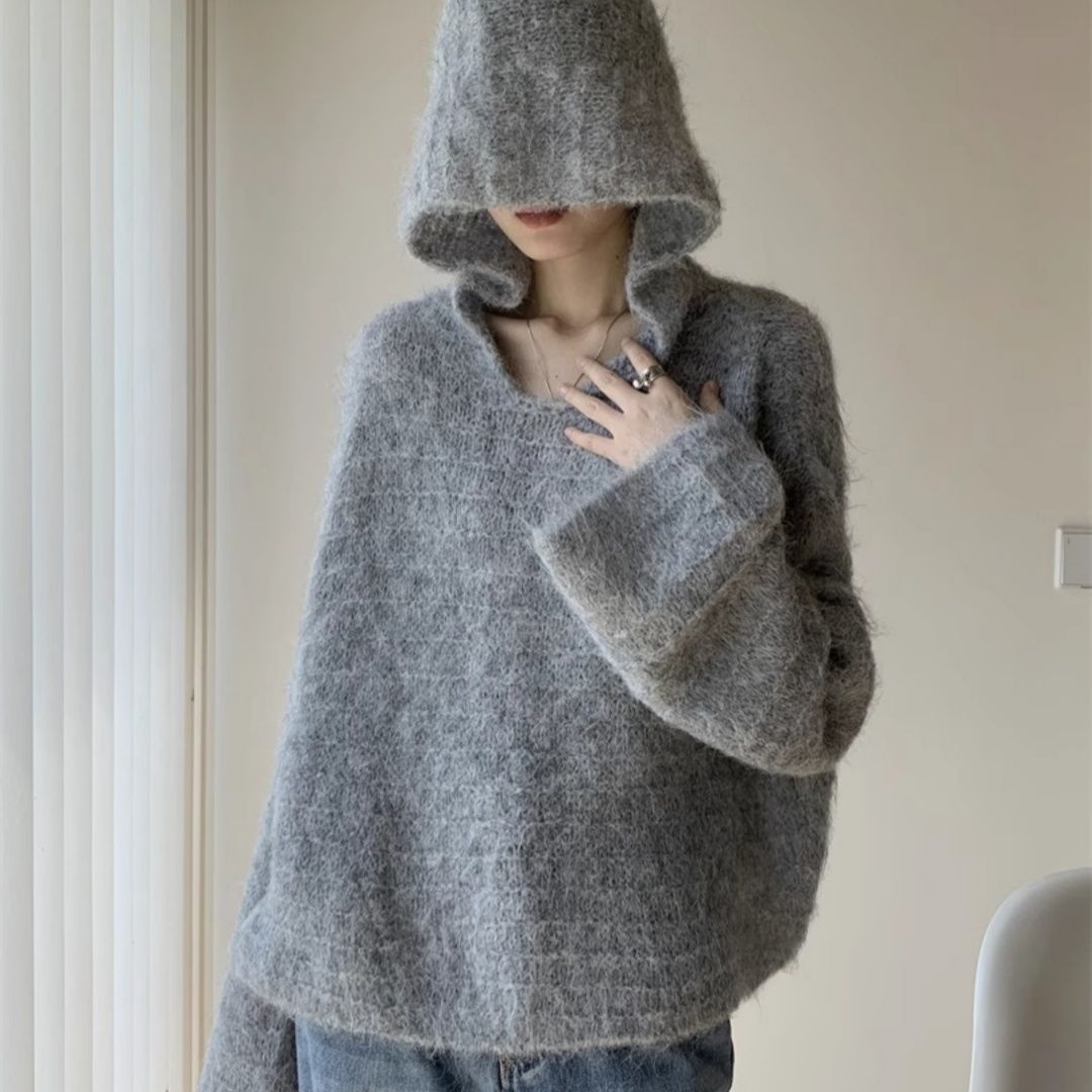 灰色慵懒风连帽毛衣女2025年新款秋季韩系显瘦独特别致针织上衣