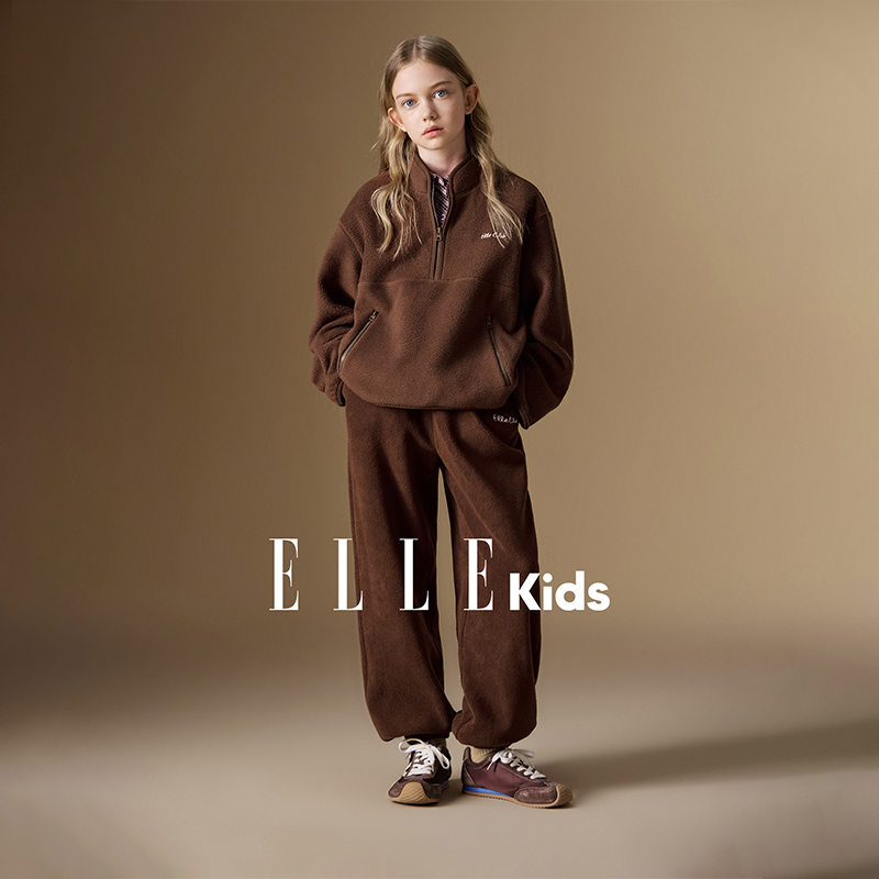ELLE KIDS童装复古羊羔绒套装女儿童冬新款绣花卫衣+卫裤两件套N1