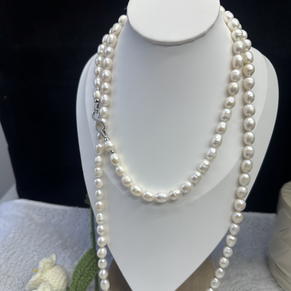 9mm天然淡水无核大米粒珍珠毛衣链8字扣时尚百搭复古高光高亮