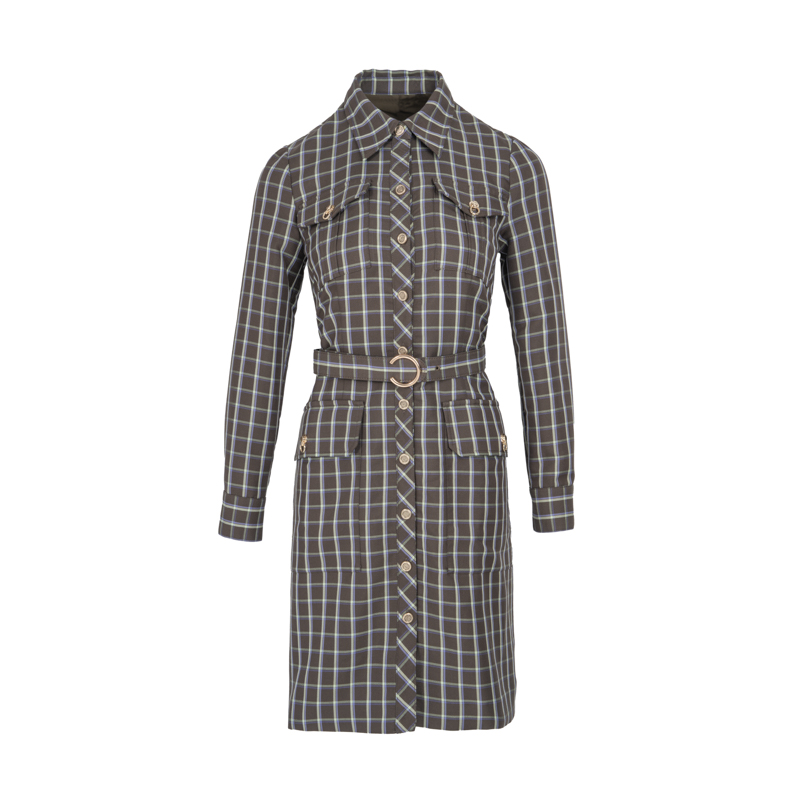 【她翼】春季修身显瘦休闲黑色收腰连衣裙单排扣格纹AE2341354243