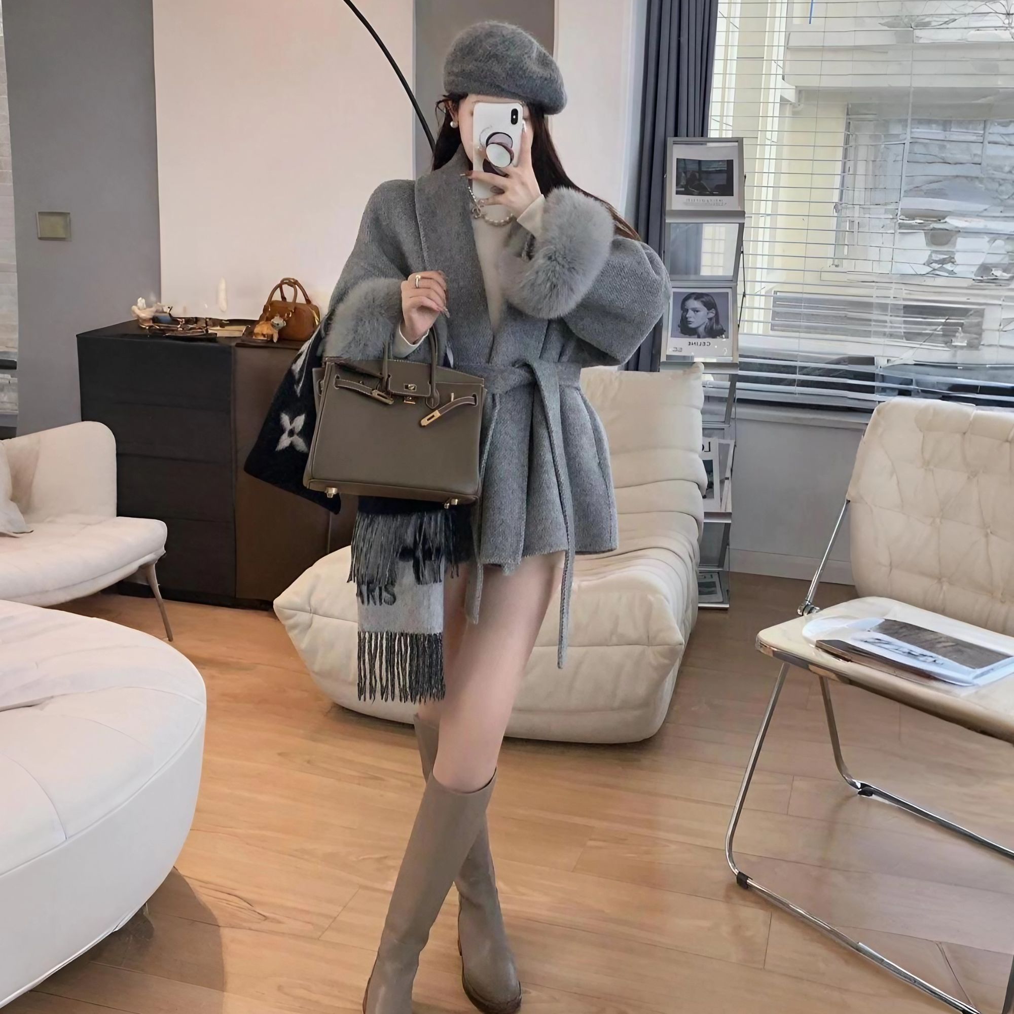 灰色双面呢子大衣女短款2025秋冬新款毛毛袖口高贵显气质毛呢外套