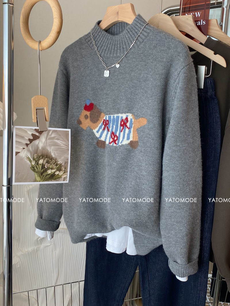 【腊肠狗】半高领软糯提花针织2025秋冬新款毛衣女针织衫加厚