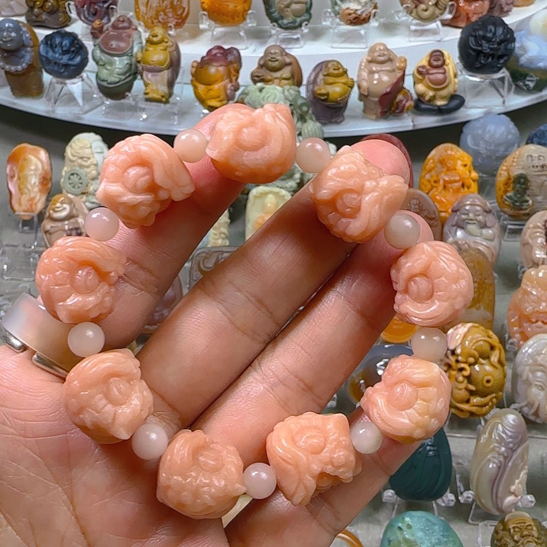 石英质玉手串未镶嵌天然阿拉善彩玉醒狮头手串