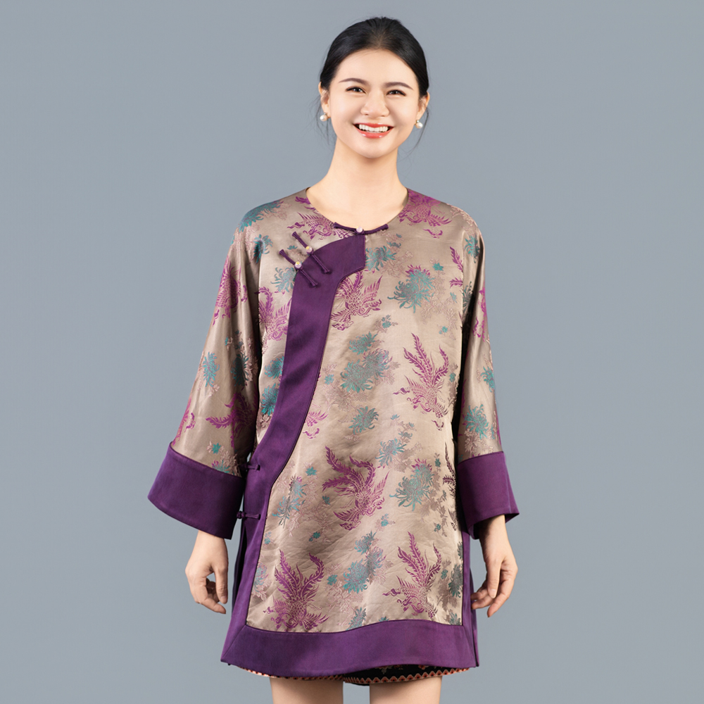 【紫气东来】香云纱提花斜襟拼接圆领上衣女装唐装国风中式250804L